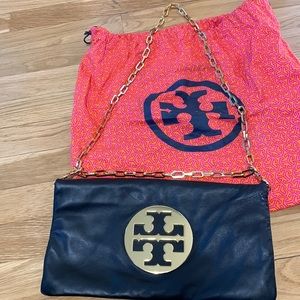 Tory Burch black leather foldover clutch